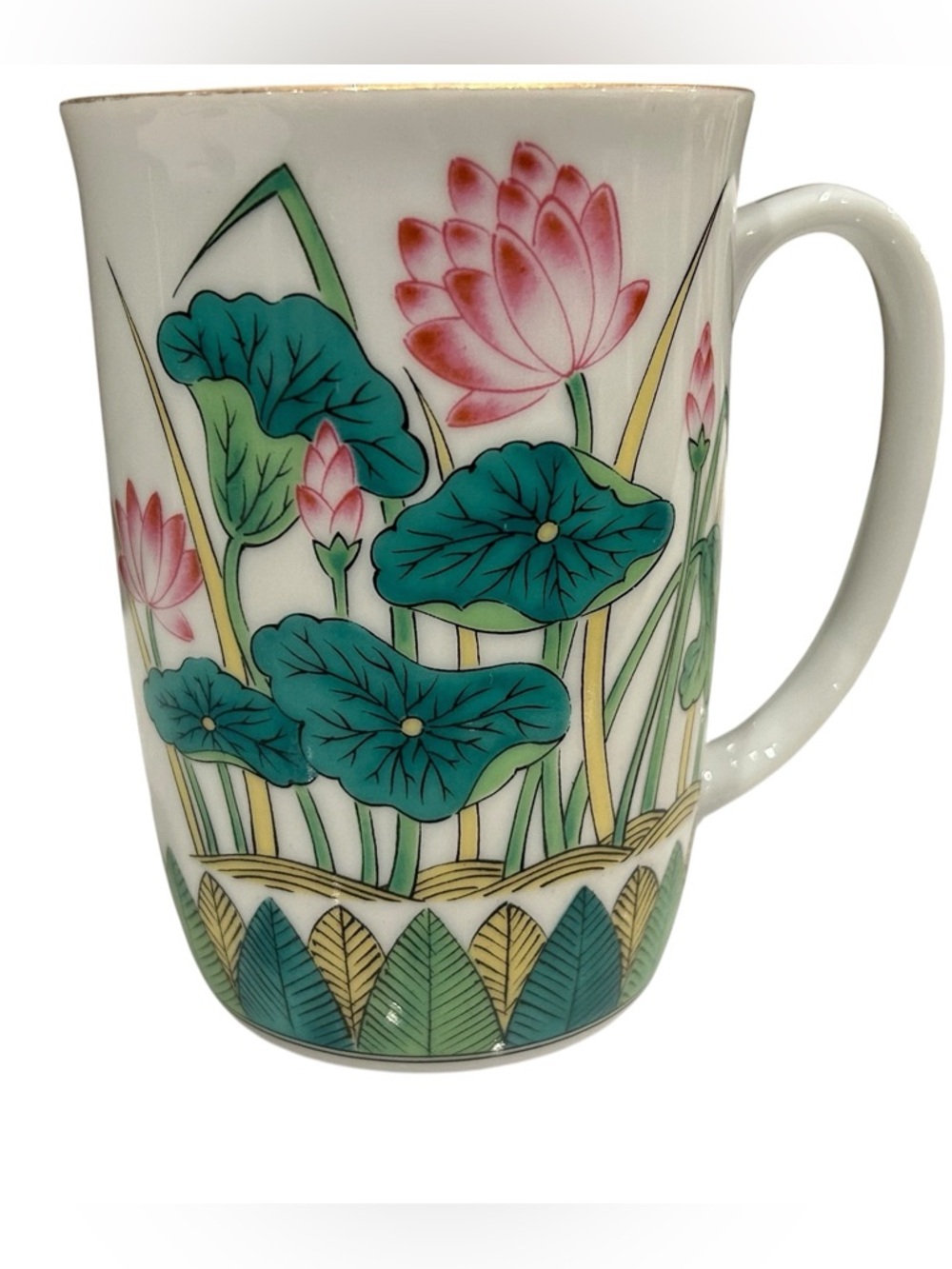 TAKAHASHI Japanese Porcelain Teacup with Lotus Blossom & Water Lily Pads